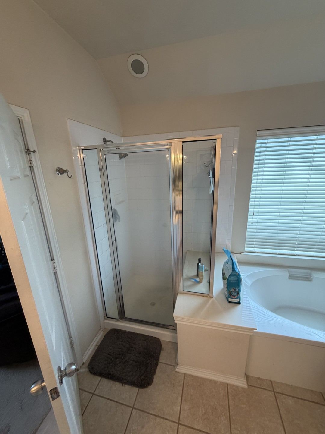 Before: the original bathroom with a tub and a separate enclosed shower