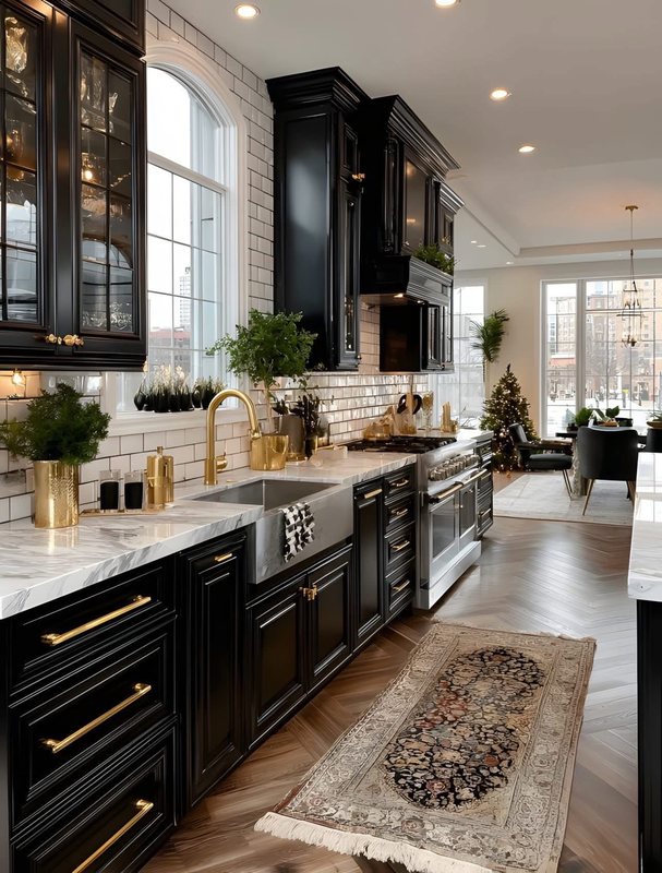 Kitchen with black cabinetry, brass hardware, glass-front uppers, a farmhouse sink window and wood floors